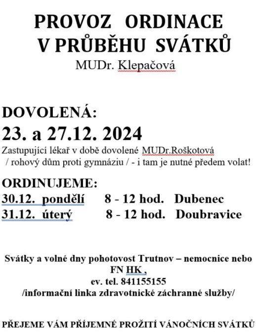 Provoz ordinace v průběhu Vánoc - MUDr. Klepačová